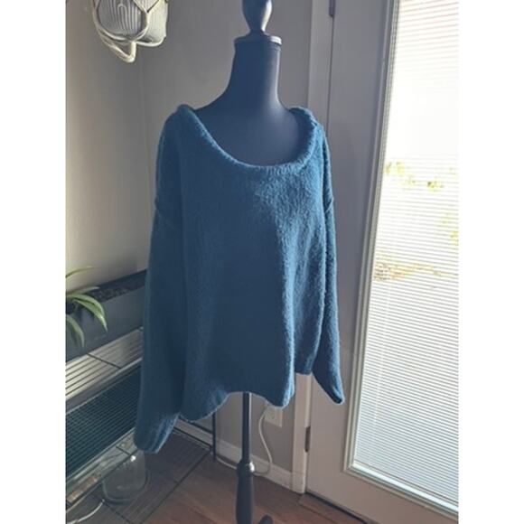 Anthropologie 3X chunky knit Slouchy Cozy Sweater Boat Neck Fuzzy Dark Teal - Picture 1 of 10